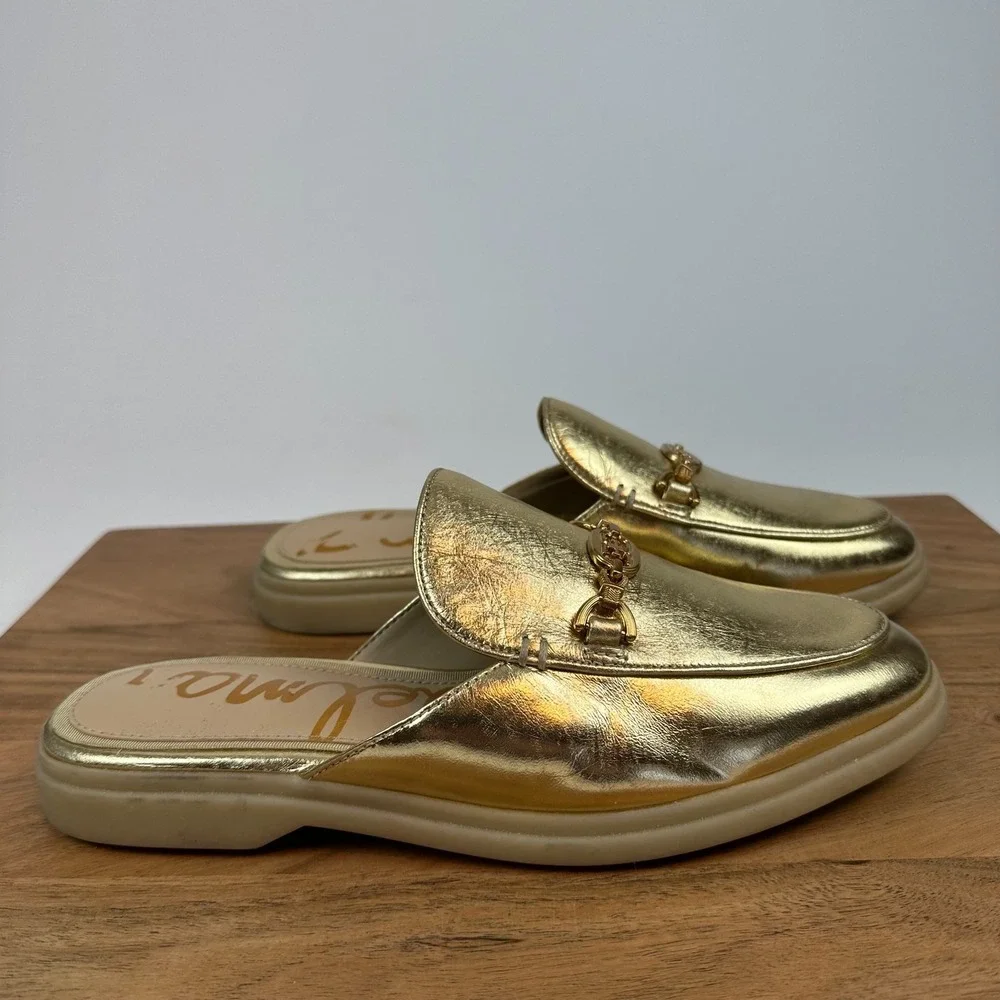 Womens Sam Edelman Kira Metallic Gold Leather Loafers Flats Mules Shoes Size 8‎